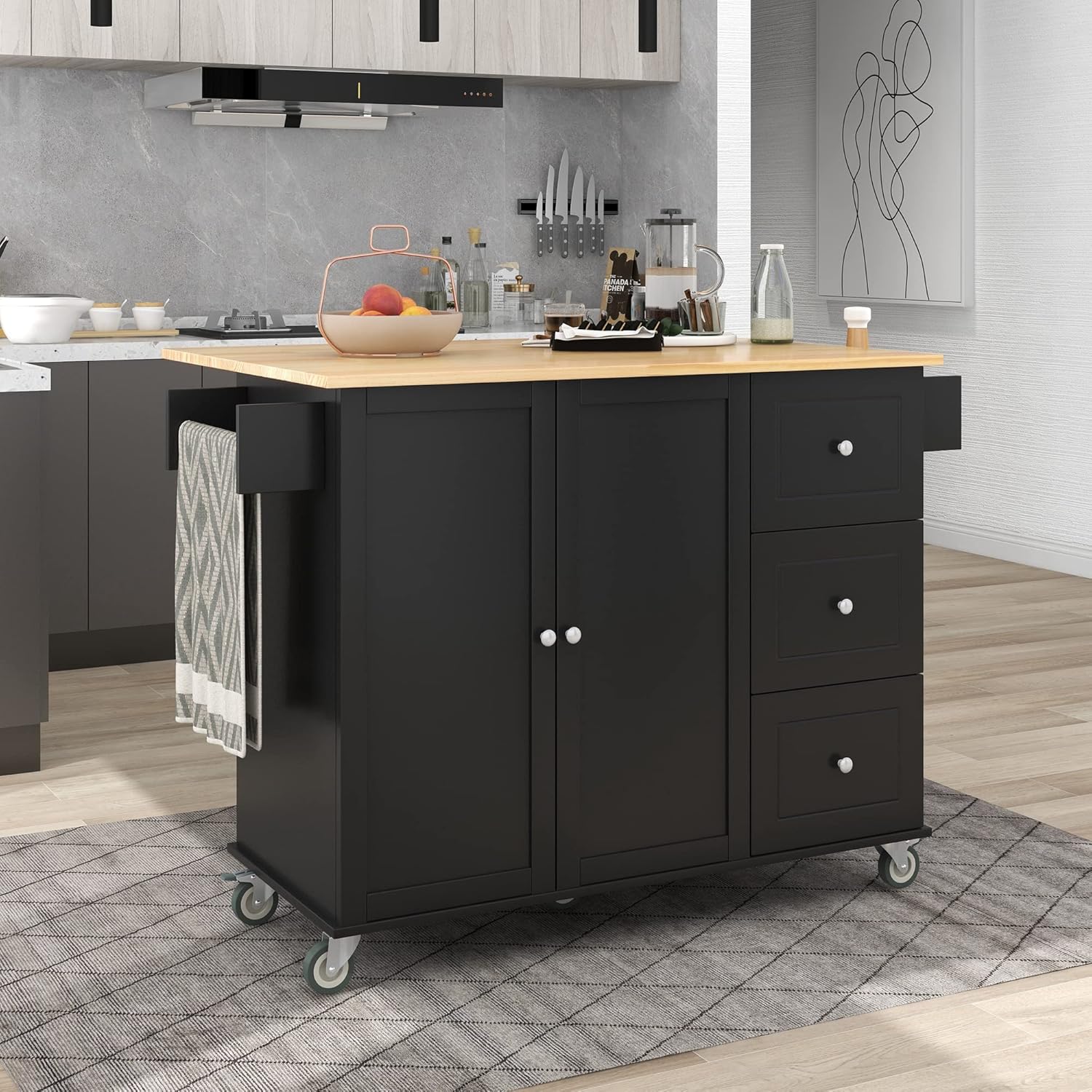 Tomkate Isla de cocina móvil rodante de 52.7 pulgadas con hoja caída, carrito de isla de cocina con ruedas con 3 cajones y armario de