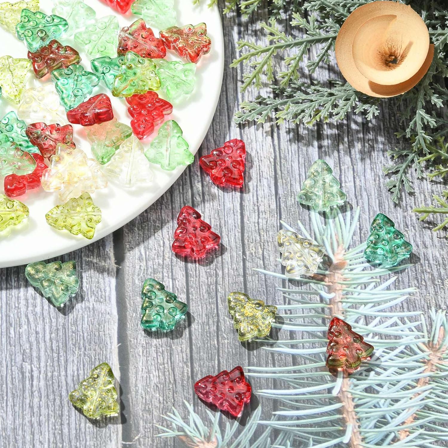 LiQunSweet 100 cuentas de cristal transparente con purpurina brillante para árbol de Navidad, cuentas espaciadoras sueltas para manualidades,