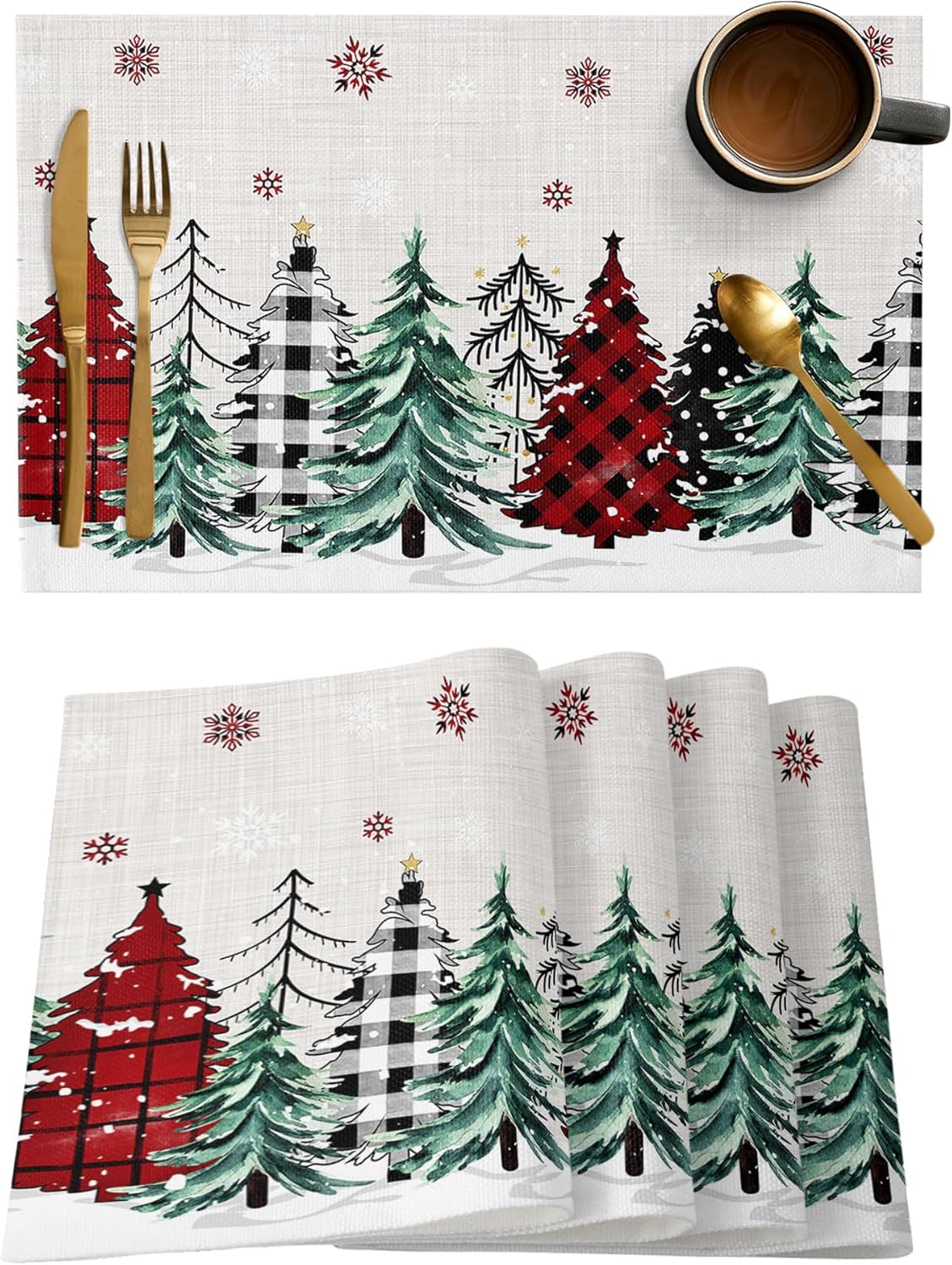 Juego de 6 manteles individuales para árbol de Navidad, antideslizantes, lavables, con diseño de árbol de granja, con copos de nieve, para mesa de