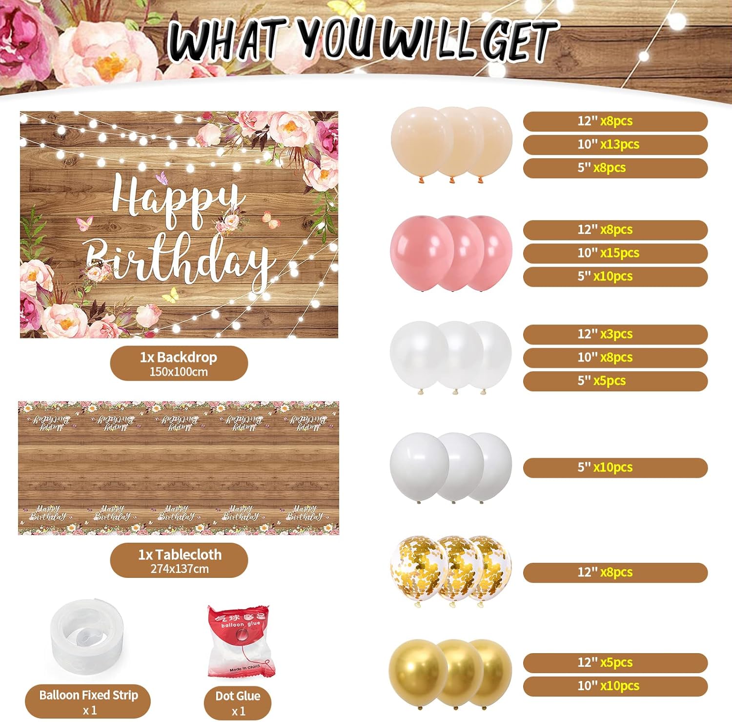 Decoraciones florales de feliz cumpleaños para mujer, 105 piezas de suministros de fiesta de cumpleaños de flores de madera, incluyendo telón de