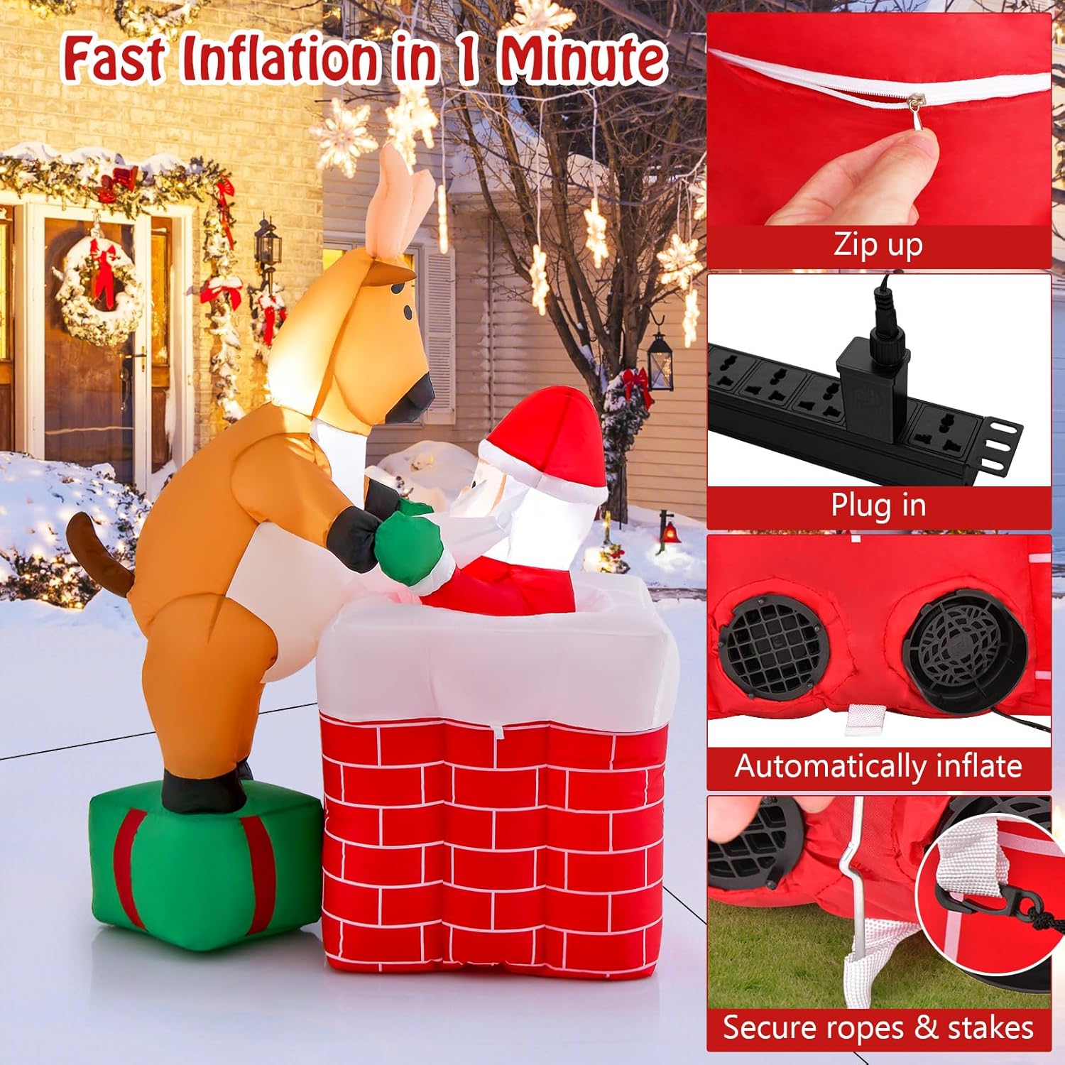 Tangkula Chimenea inflable de Navidad de 5 pies con reno de pie en una caja de regalo, decoración de Navidad inflable con luces LED integradas para