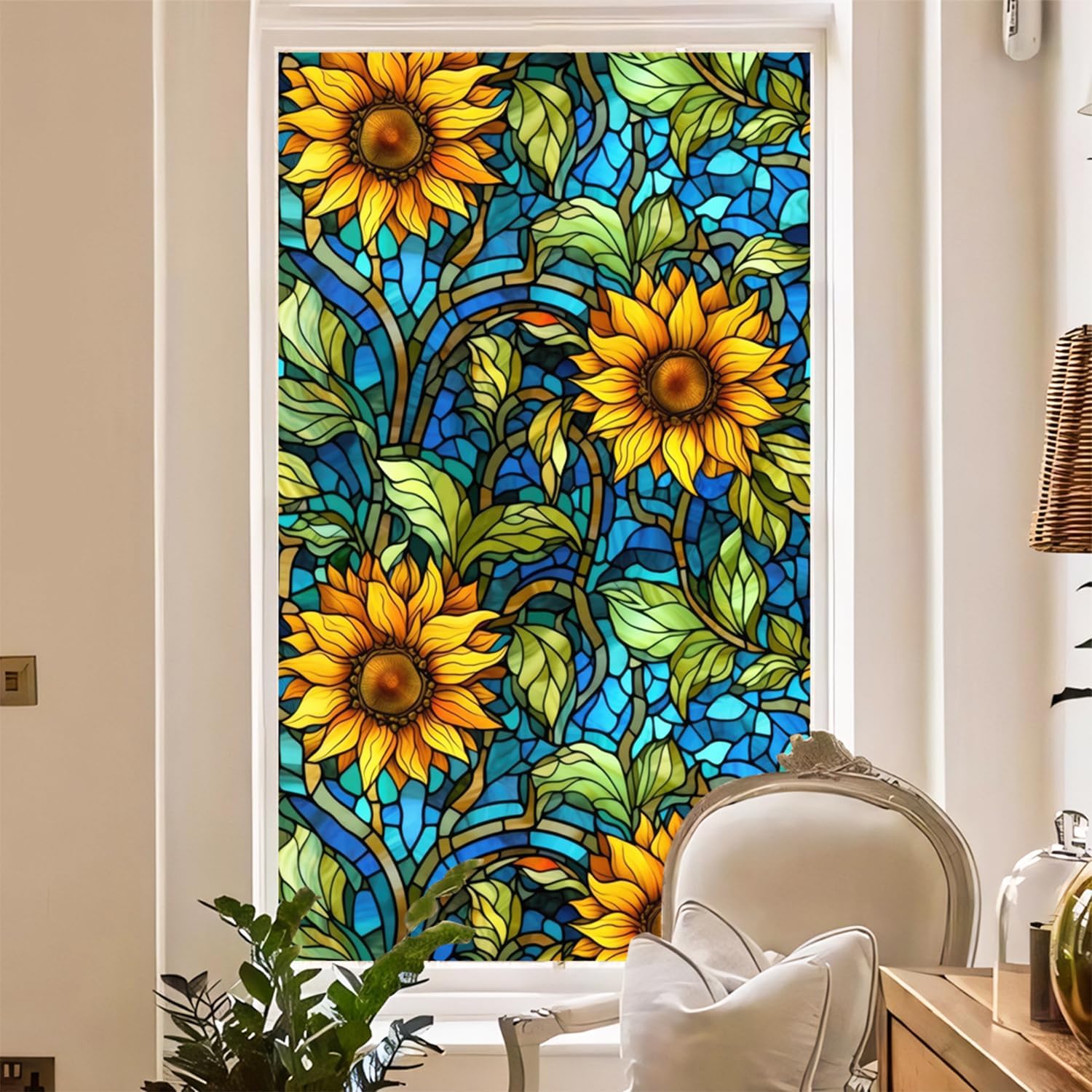 Película de privacidad de girasoles para vitral, película de privacidad no adhesiva, película de vidrieras para baño, ducha, puerta, calor, anti UV,