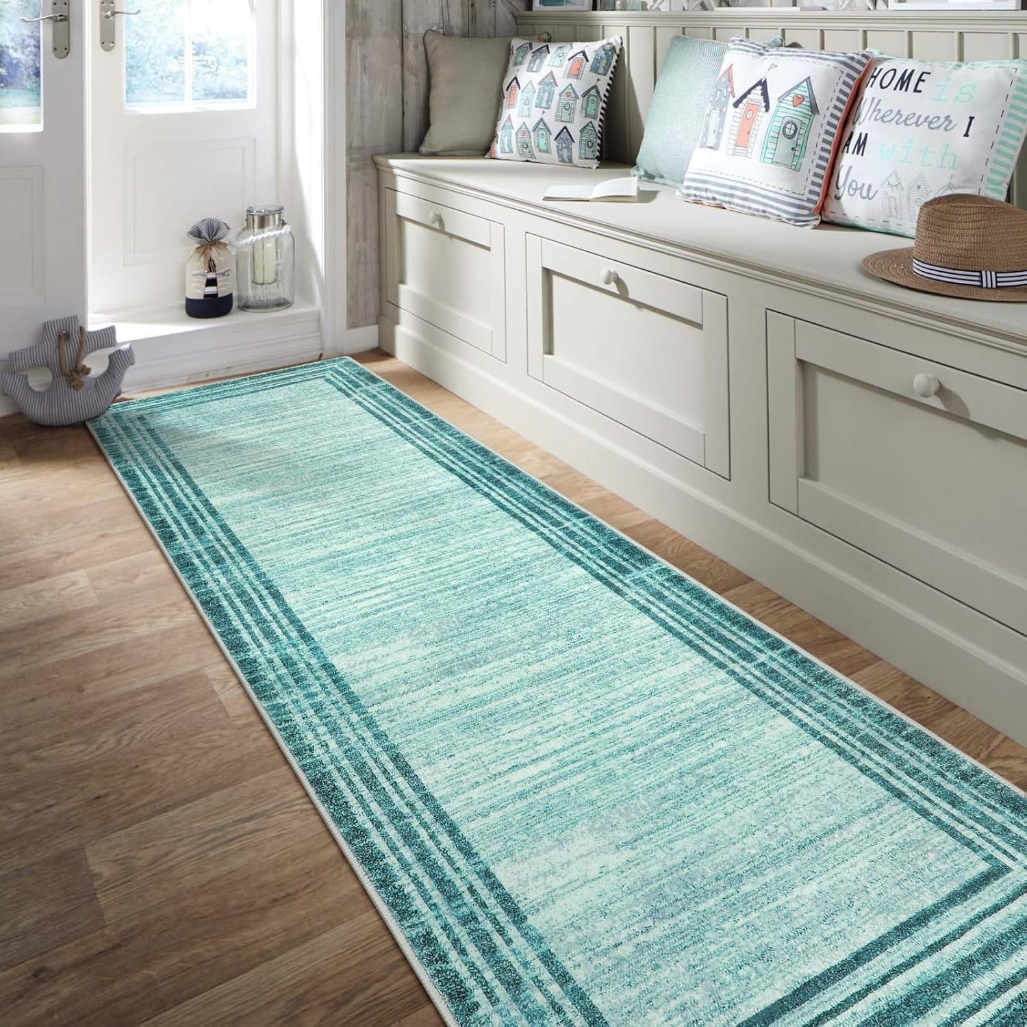 Lahome Alfombra moderna abstracta verde azulado de 2.5 x 10 pies, lavable, antideslizante, resistente a las manchas, parte trasera de goma,
