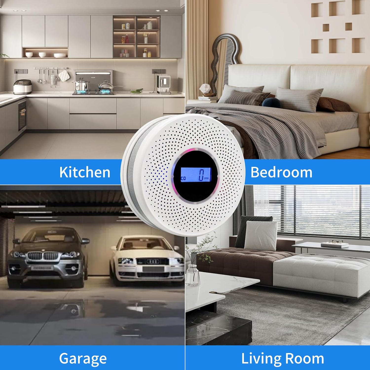 Detector de humo detector de monóxido de carbono combinado con pantalla digital y alarma de luz de sonido, alarma de humo y CO 2 en 1 con batería