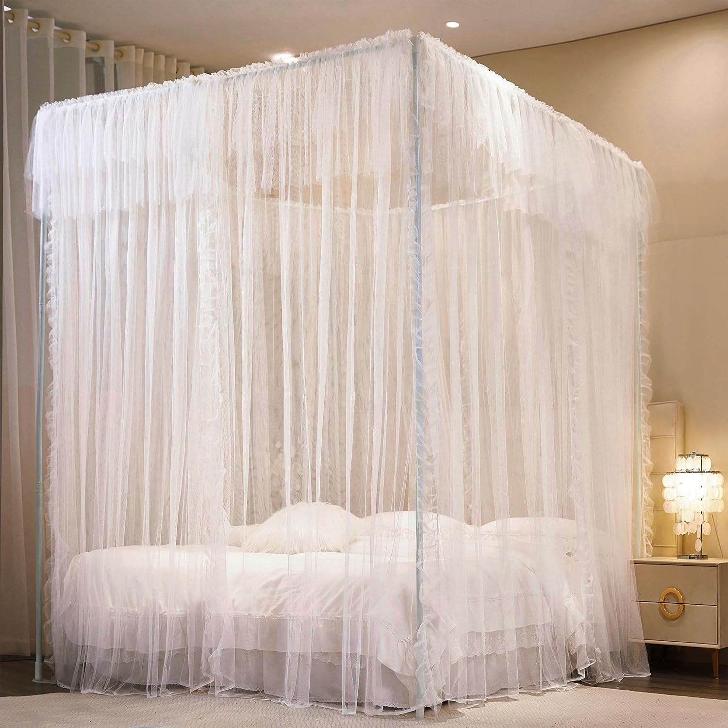AIOOO Cortinas de princesa de 4 esquinas para niñas, 8 paneles, cortinas de malla transparente de doble capa, decoración de habitación de niñas