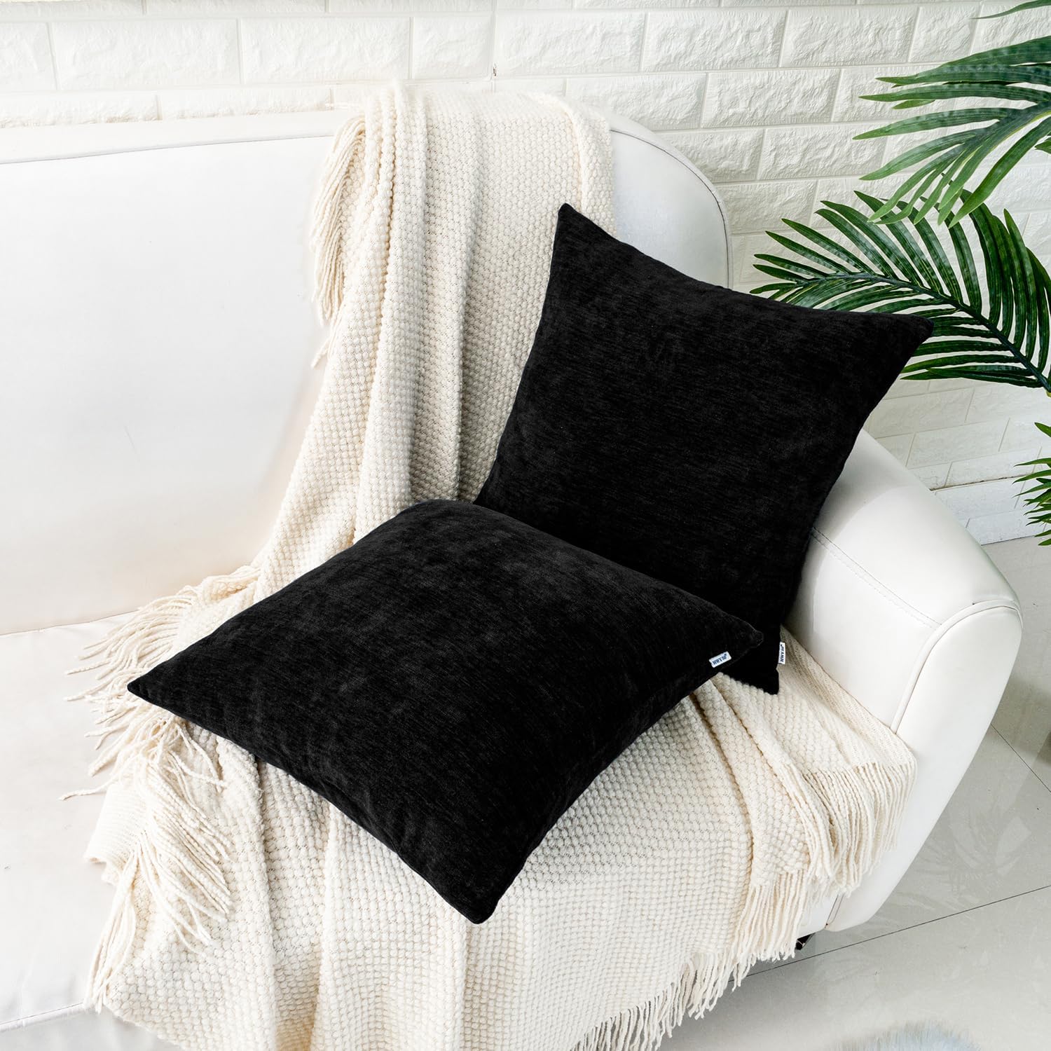 HWY 50 Juego de 2 fundas de cojín color negro de 16 x 16 pulgadas para sofá, cama, sala de estar, felpilla suave y sólida, decorativas, cuadradas,