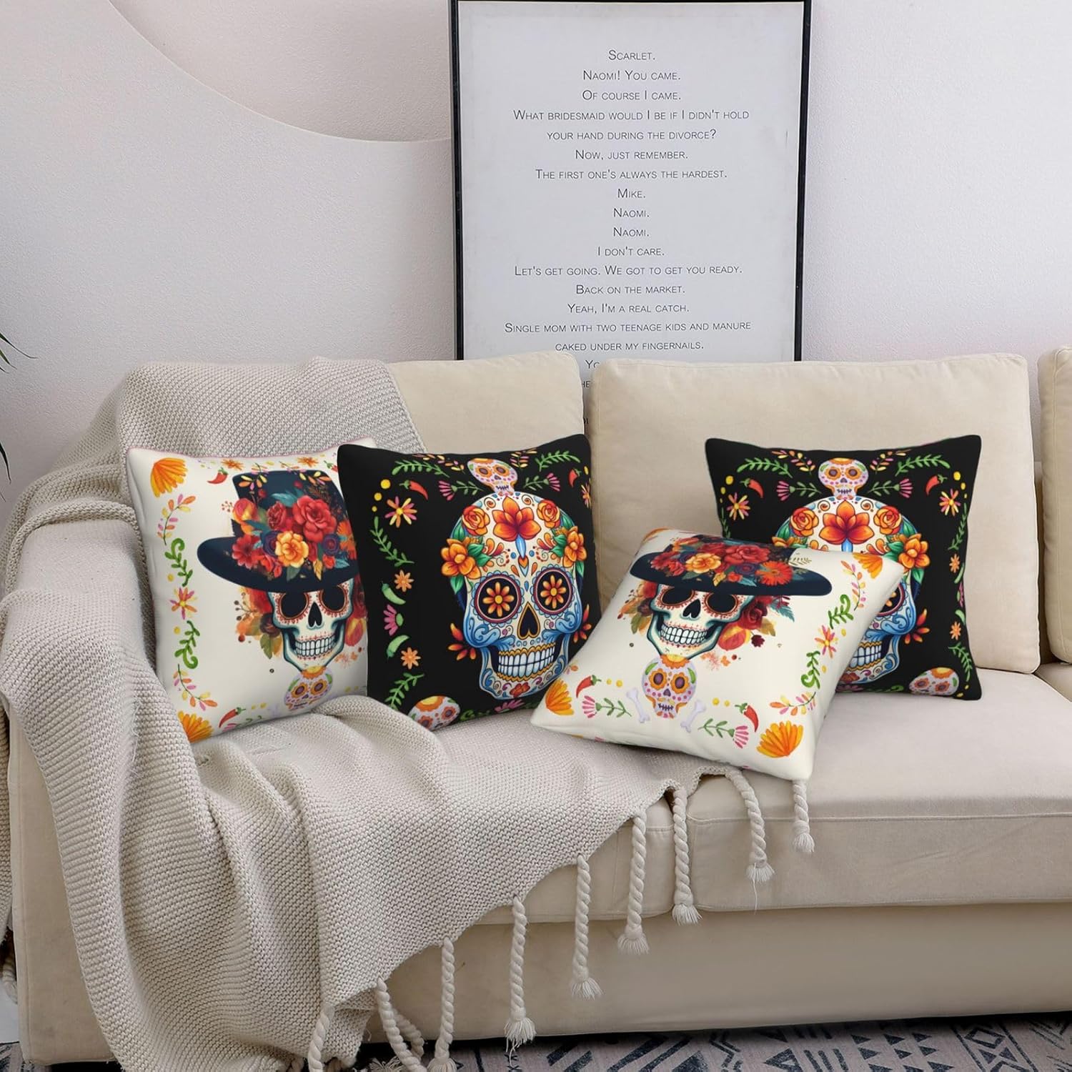 Yuejher 4 fundas de almohada decorativas del Día de los Muertos, fundas de almohada de calavera de azúcar mexicana, fundas de cojín cuadradas para