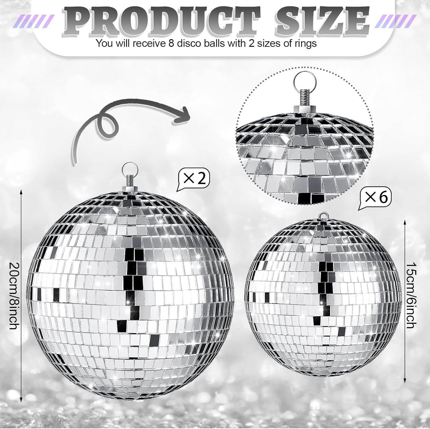 Juego de 8 bolas de discoteca grandes con espejo plateado, bolas reflectantes con anillo para colgar, adorno colgante de fiesta, decoración para