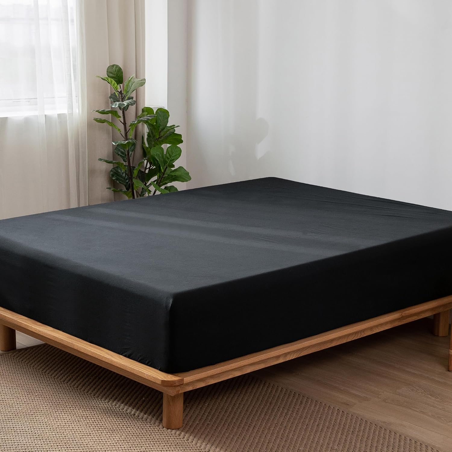 MooMee Sábana bajera ajustable solo 100% algodón lavado con textura parecida al lino, transpirable, duradera, suave, cómoda, bolsillo profundo