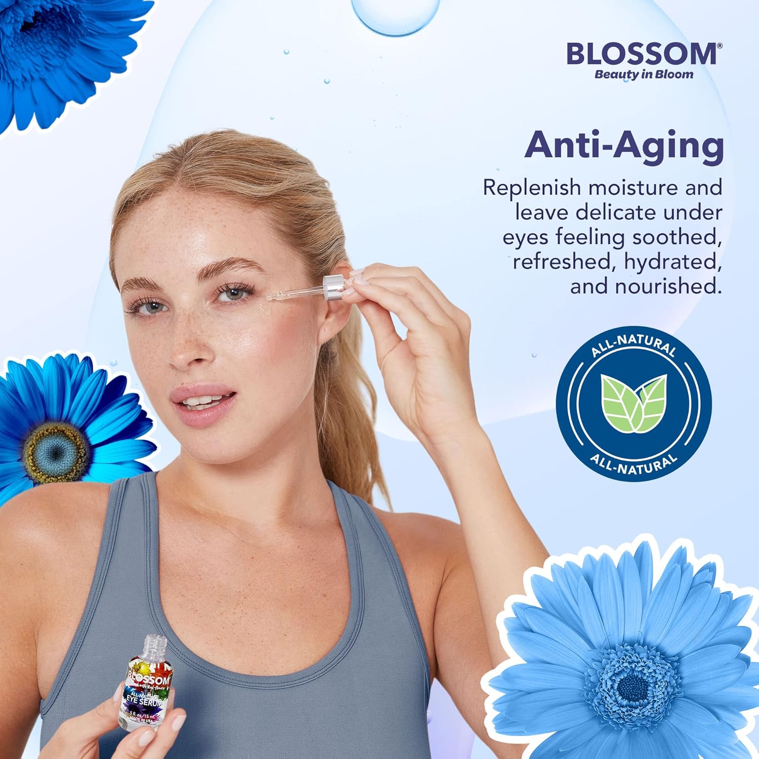 Blossom All Natural Organic – Suero hidratante para ojos sin crueldad animal con aceites esenciales, infundido con flores reales, fabricado en