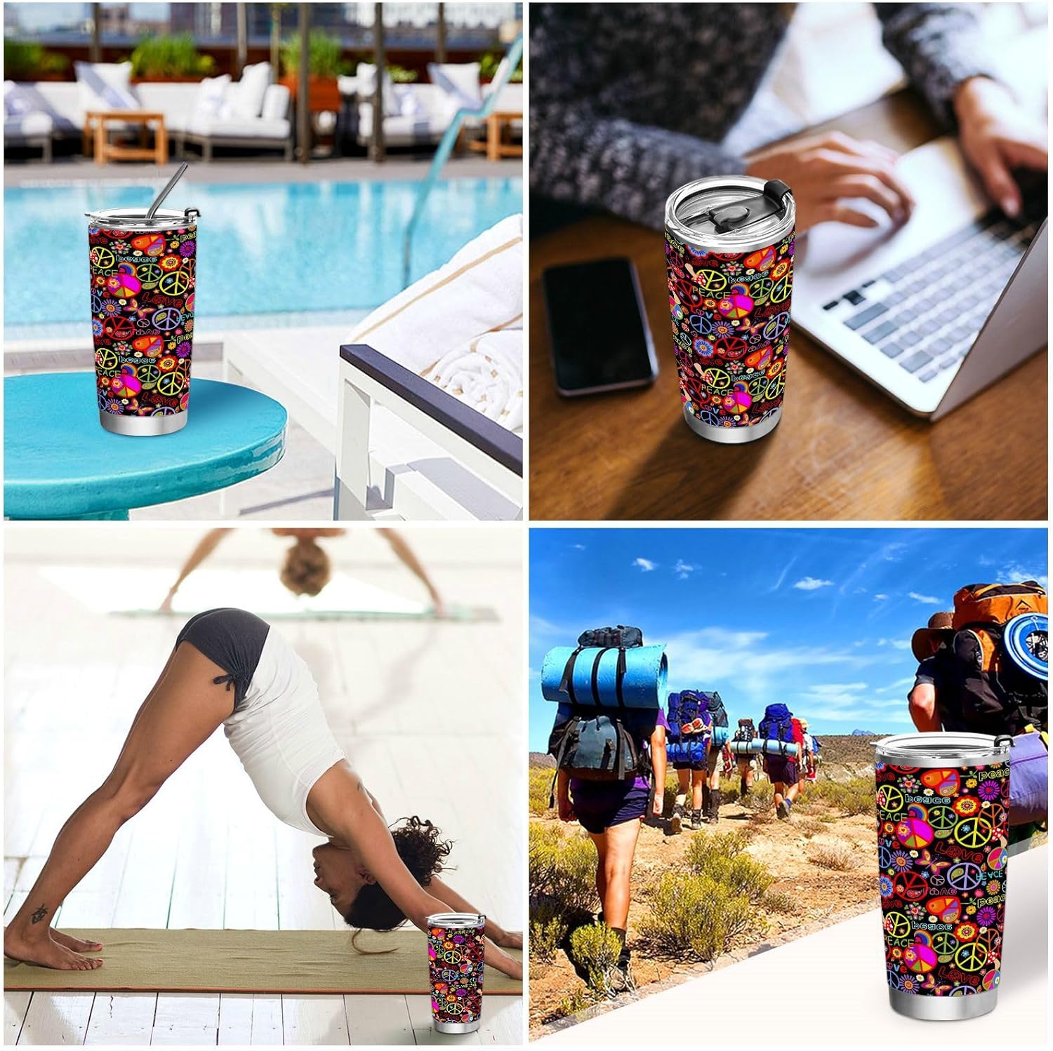 Taza aislada de acero inoxidable con diseño de arcoíris y texto en inglés “Peace Love” de 20 onzas, a prueba de fugas, reutilizable, con tapa y
