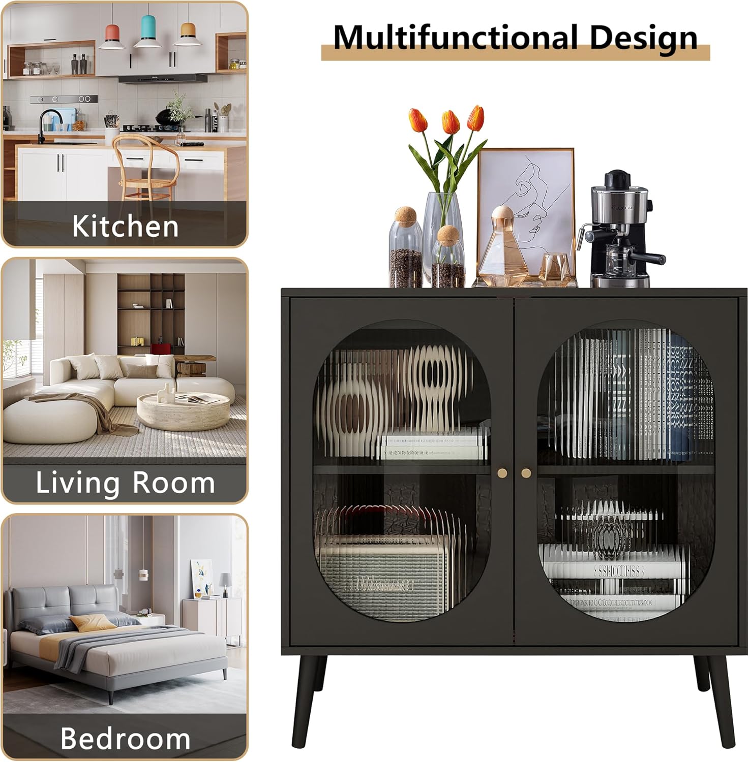 PHOYAL Aparador de buffet, armario de almacenamiento moderno con 2 puertas y estantes ajustables para cocina, sala de estar, pasillo, color negro