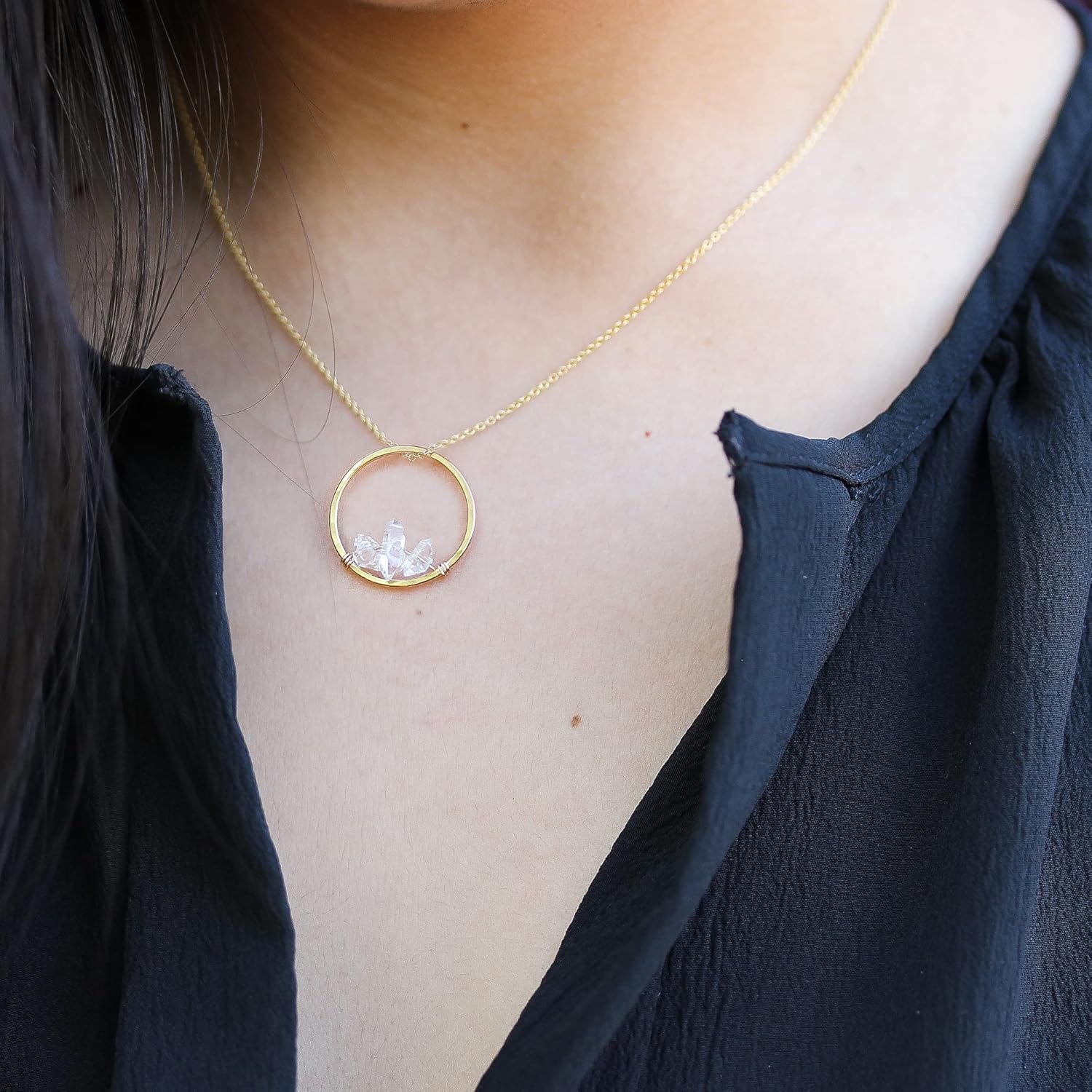 Herkimer Diamond Necklace on 16 inch 14K Gold Filled Chain Crystal Necklace for Women by Lotus Stone Design (Silver, 16″ Circle Frame)