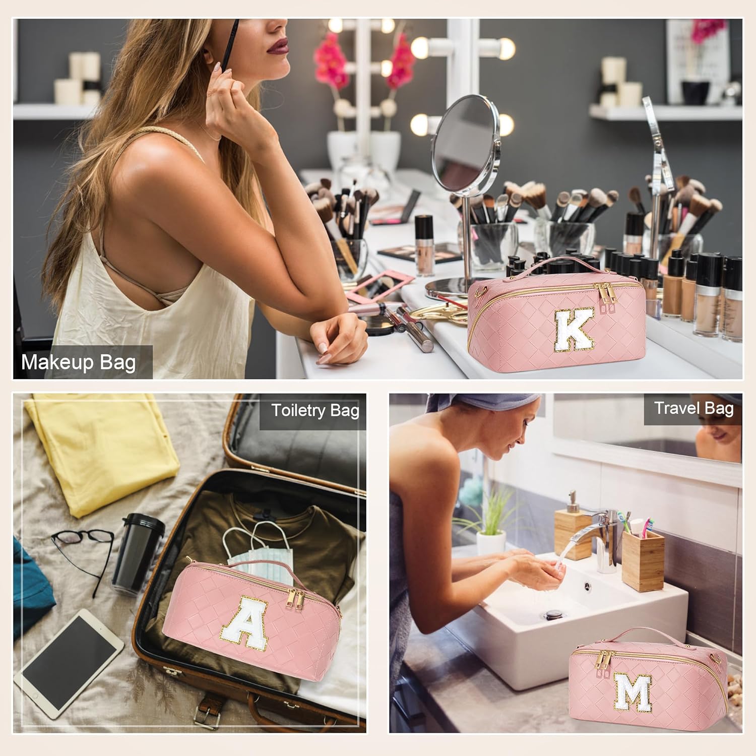 Bolsa de cosméticos de viaje de gran capacidad  Bolsa de maquillaje portátil con inicial para mujer, bolsa organizadora de maquillaje de piel