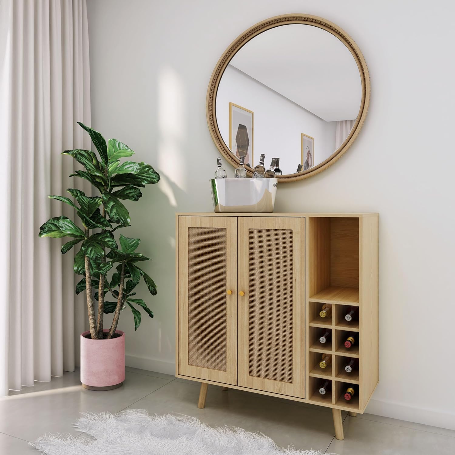Atlantic Loft & Luv Remy Boho Mid-Century Paneles de ratán natural con almacenamiento, gabinete de barra de acabado
