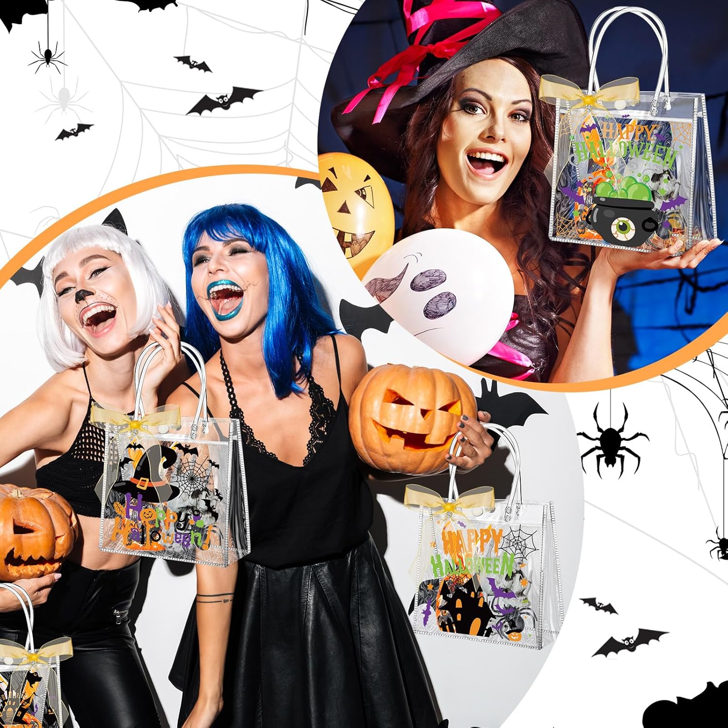 Paterr 50 bolsas de regalo transparentes de Halloween, bolsas de regalo de plástico transparente con asa, 4 estilos, bolsas de regalo de Halloween