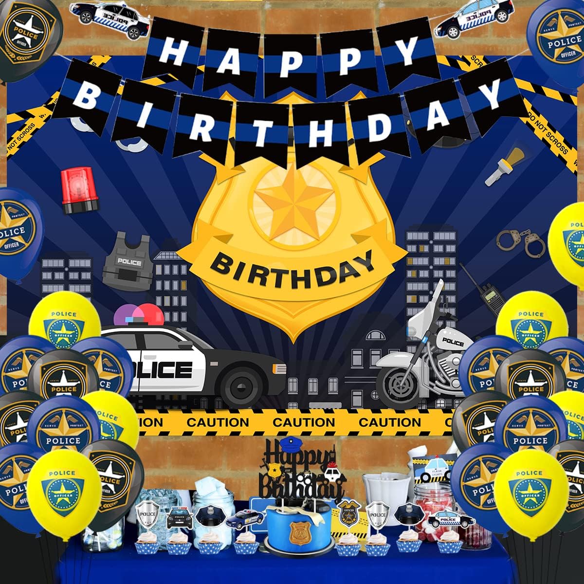 Decoraciones de cumpleaños de policía, decoraciones de fiesta de cumpleaños de policía para niños, globos temáticos de policía, pancarta de feliz