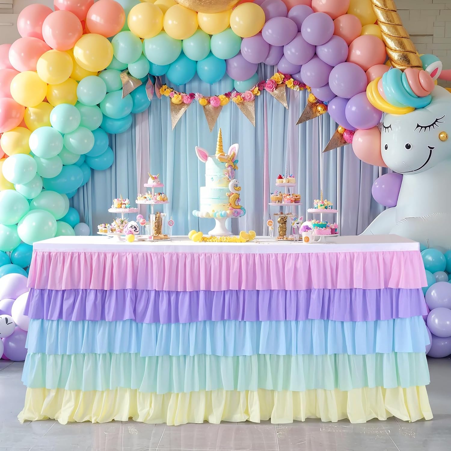 Falda de mesa tutú de unicornio arcoíris de 9 pies para mesas redondas rectangulares, mantel de gasa para decoración de fiesta de cumpleaños de