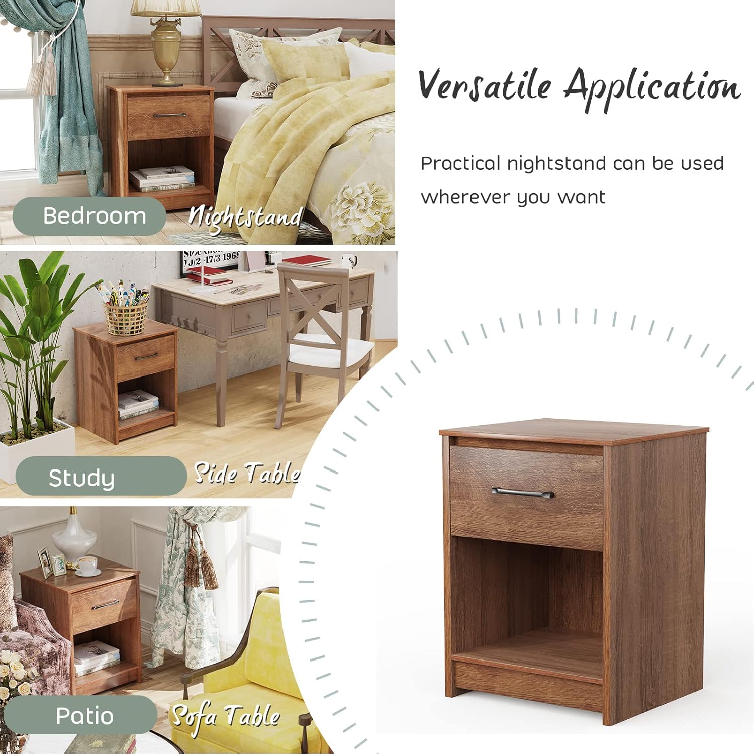 Giantex Mesita de noche con cajón, juego de 2 mesas auxiliares de madera con compartimento de almacenamiento abierto, mesa auxiliar multiusos para