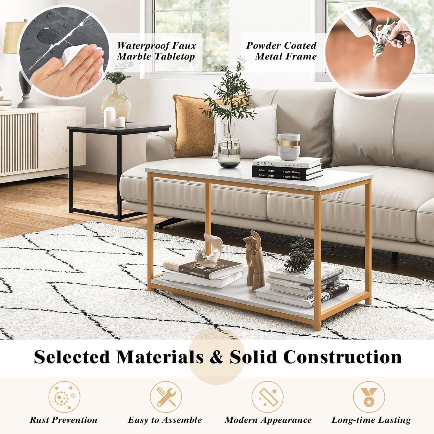 Giantex Moderna mesa auxiliar anidable, juego de 3 mesas auxiliares de mármol sintético con marco de metal resistente, 1 mesa rectangular y 2 mesas