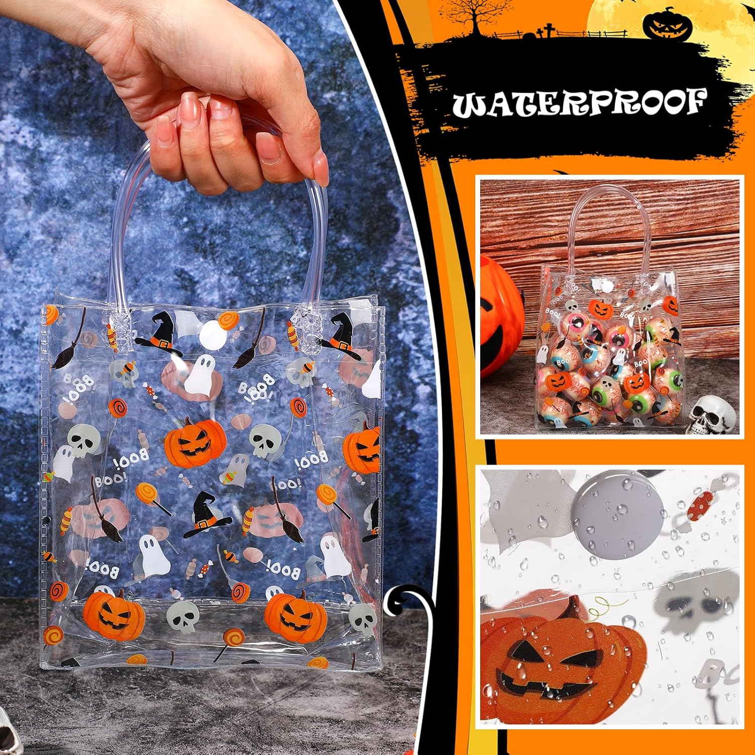 Silkfly 50 bolsas de regalo transparentes de Halloween con asa, bolsas reutilizables de PVC para Halloween, compras, bodas, fiestas de cumpleaños