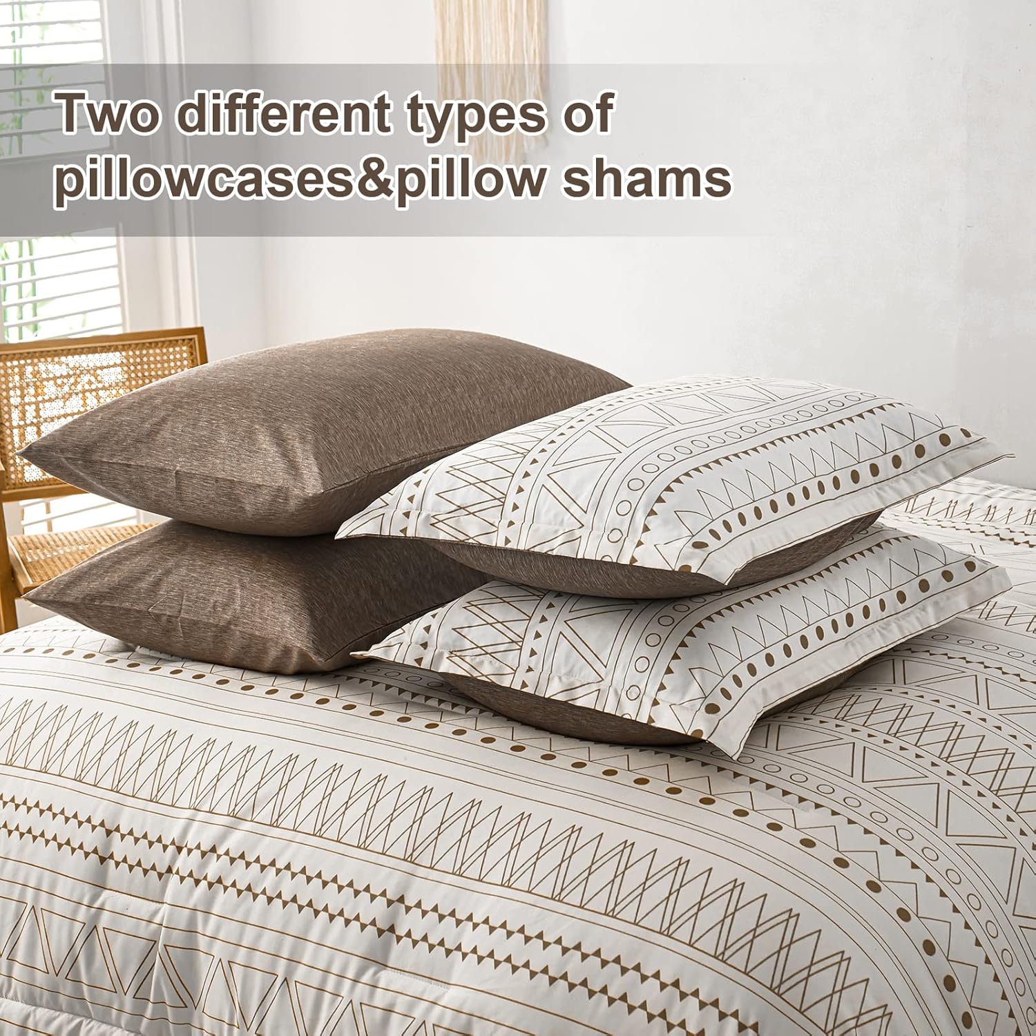 WONGS BEDDING Juego de edredón marrón bohemio de 7 piezas para cama Queen en una bolsa, edredón geométrico a rayas, reversible, juego de ropa de