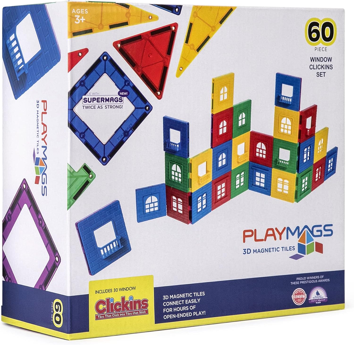 Playmags Exclusivo Juego de 60 piezas – Juego de azulejos magnéticos 3D, 30 marcos de ventana y 30 ventanas de clic, azulejos de construcción de