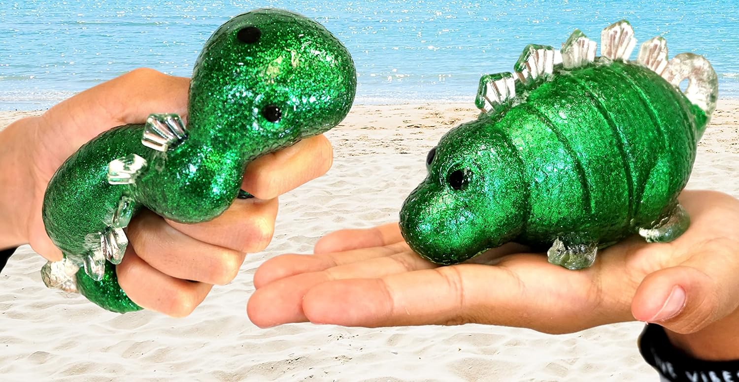 Bola para ansiedad brillante de dinosaurio llena de purpurina (4 dinosaurios), bola de dinosaurio elástica para aliviar el estrés, juguete para