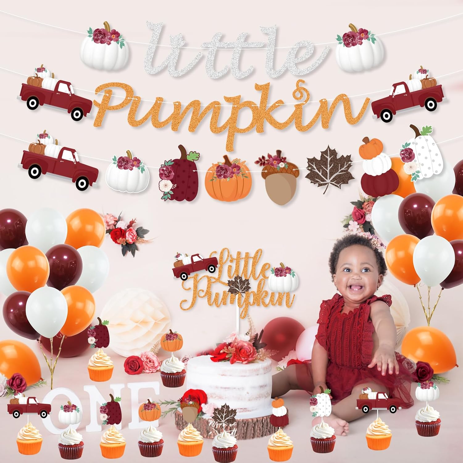 K KUMEED Decoraciones de fiesta de calabaza pequeña, pancarta de calabaza roja y blanca, hojas de otoño, calabaza, camión, decoración de pastel,