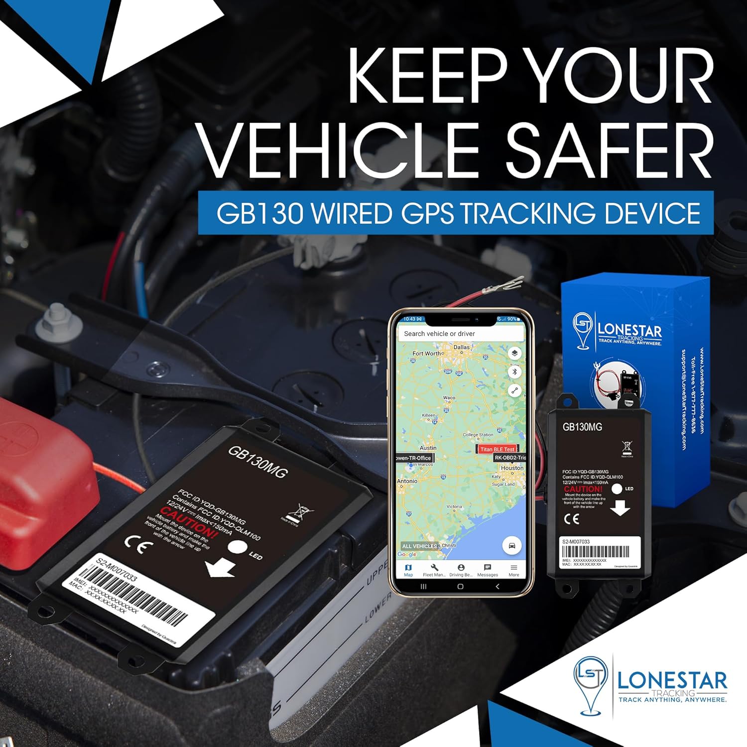 LoneStar Tracking GB130 – Rastreador GPS con cable para vehículos, 4G5G Cat M1, dispositivo de seguimiento para automóvil, localizador GPS en tiempo