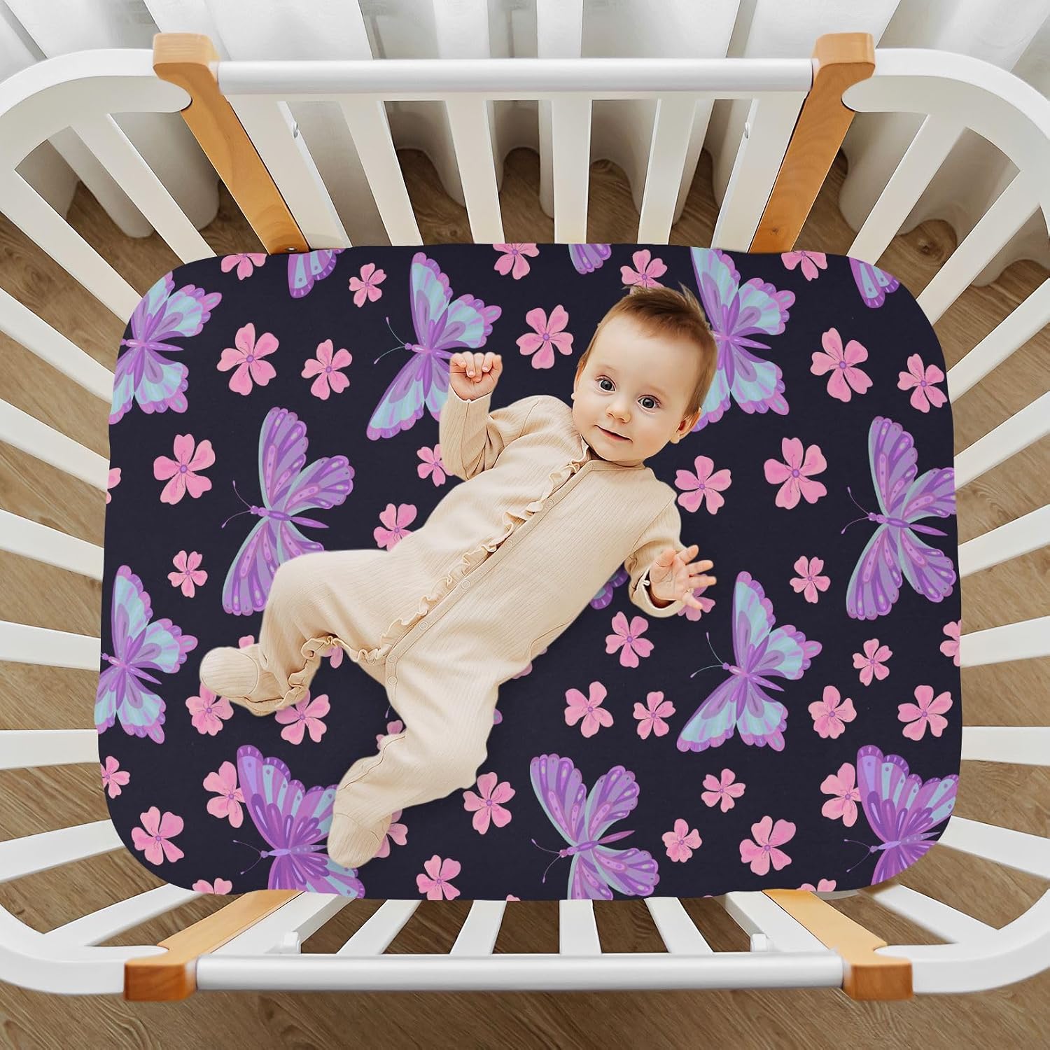 Sábanas bajeras ajustables para cuna, diseño floral, mariposas moradas, portátiles, para bebé y niño, colchón suave y transpirable para cuna de 39 x