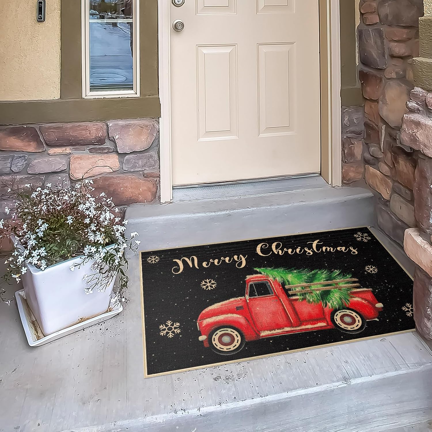 Tapete rojo para puerta de camión, antideslizante, árbol de Navidad, diseño de copos de nieve, decoración del hogar, 29 x 17 pulgadas, tapete de