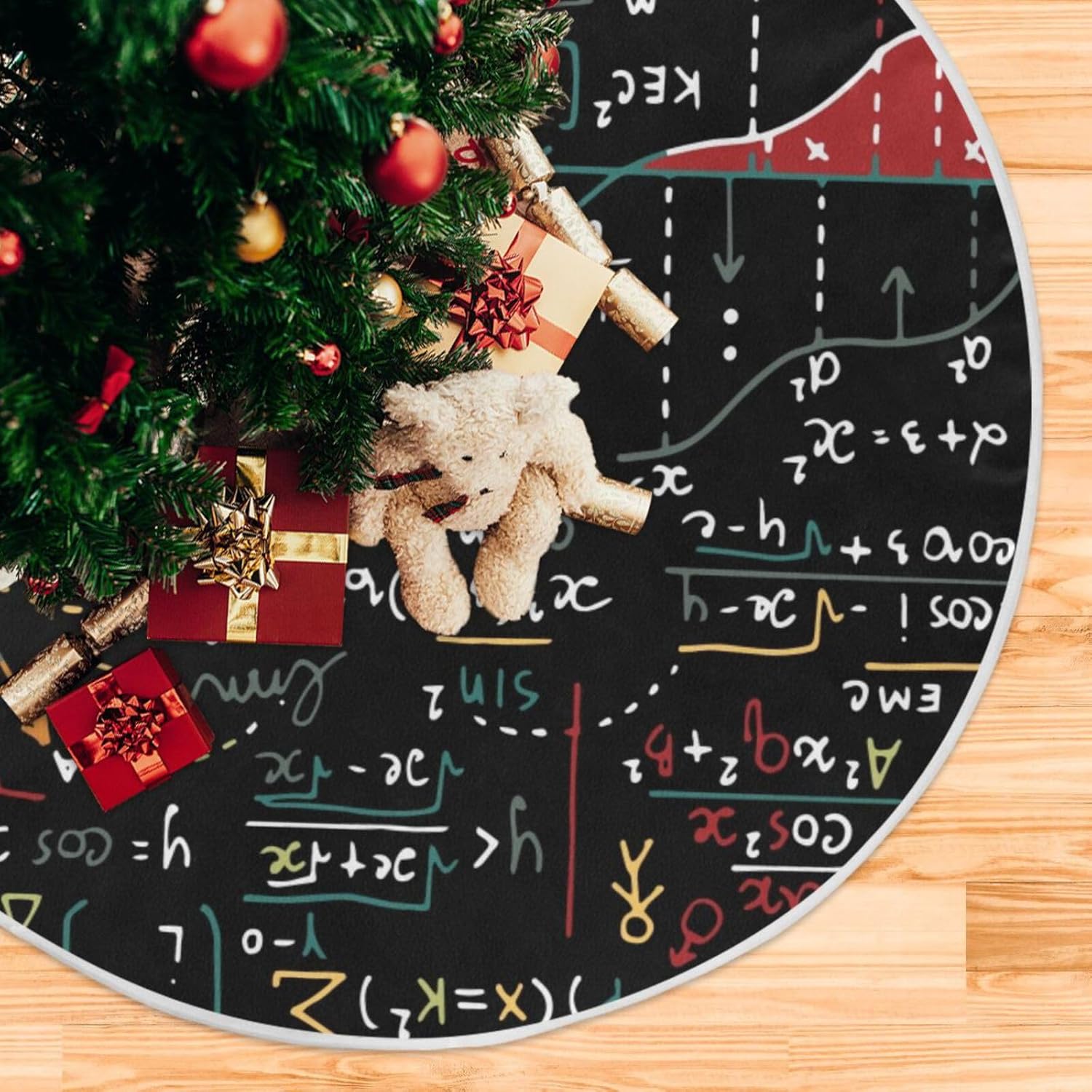 Falda de árbol de Navidad con patrón de educación matemática, falda de decoración de árbol de Navidad, falda de árbol de Navidad, lavable a máquina,