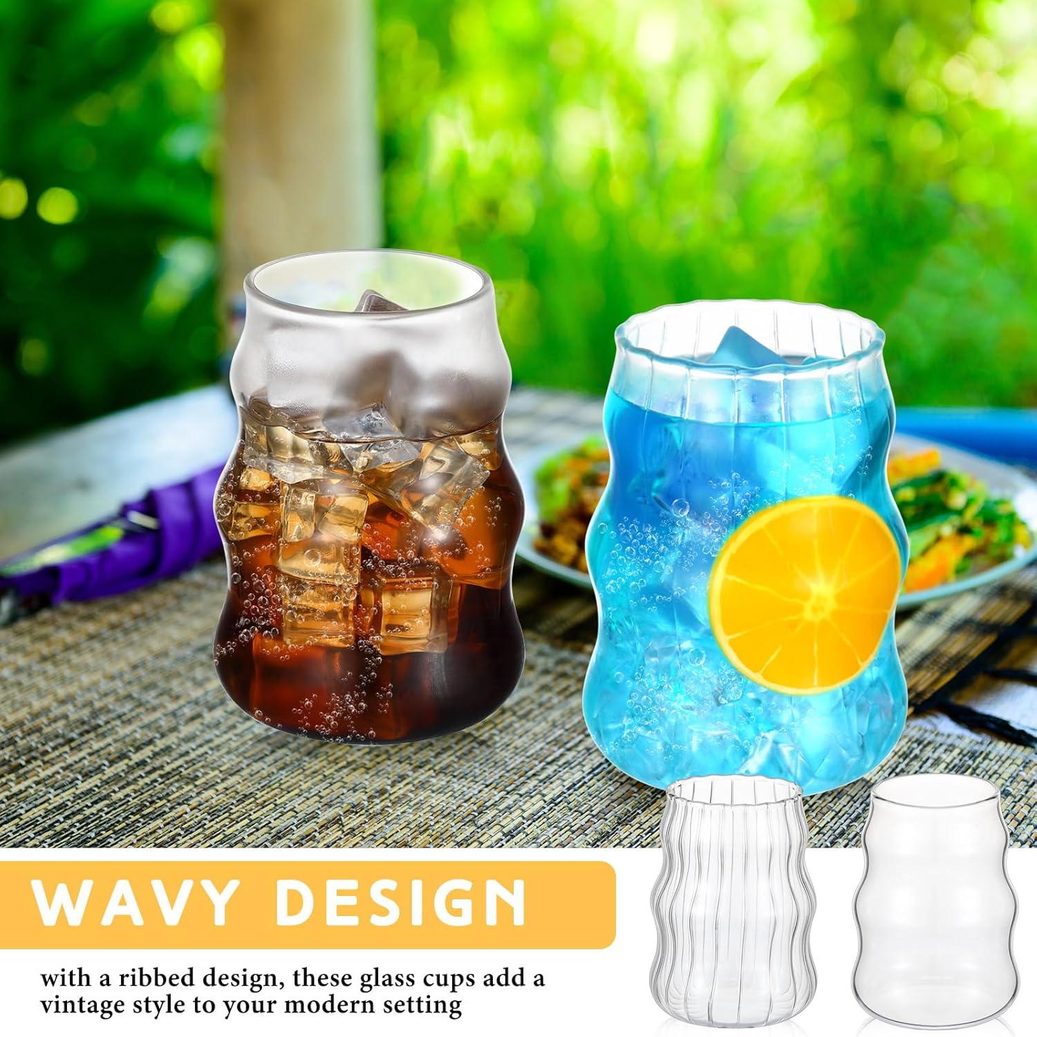 Tioncy 4 vasos de vidrio acanalado vintage con forma de ola, vasos de cóctel de 18 onzas, vasos de café helado transparentes, juego de cristalería