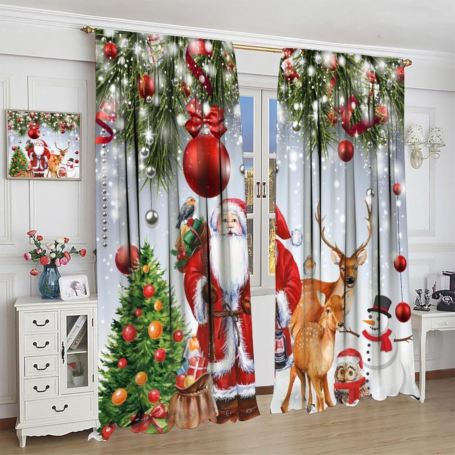 Cortinas de Navidad lindas de Papá Noel, muñeco de nieve, árbol de Navidad, copo de nieve, vacaciones de invierno, feliz año nuevo, patrón impreso,