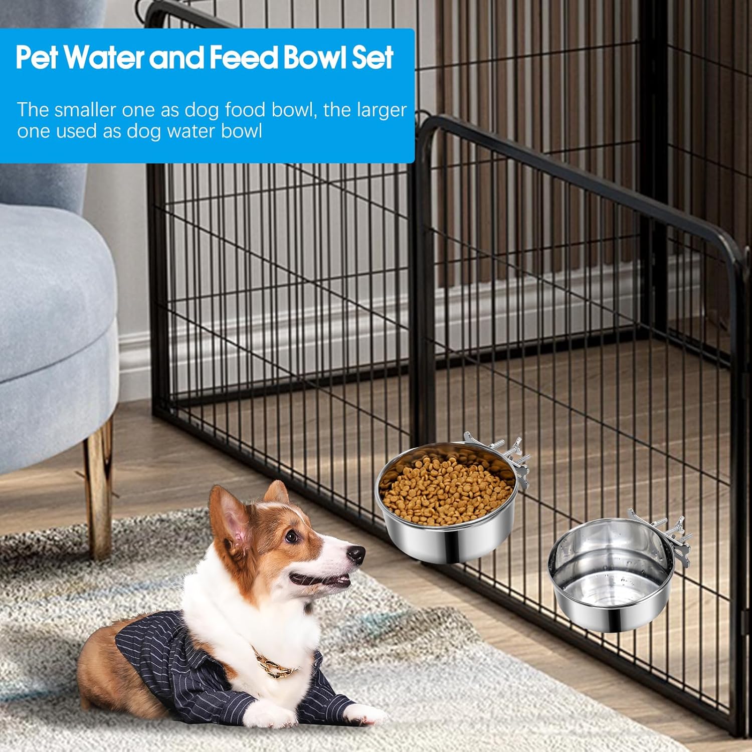 Yummy Sam 2 cuencos pequeños para comida y agua para perros con soporte de abrazadera mejorado, cuencos colgantes de acero inoxidable detectables