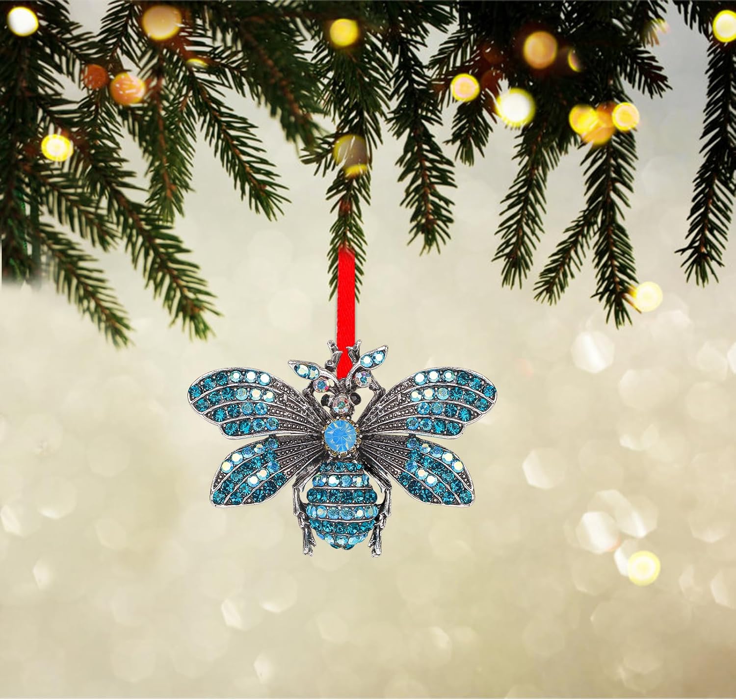 WaaHome Adornos de Navidad de abeja azul, decoración de abeja iridiscente, adornos de recuerdo de abeja de metal para decoraciones de árbol de