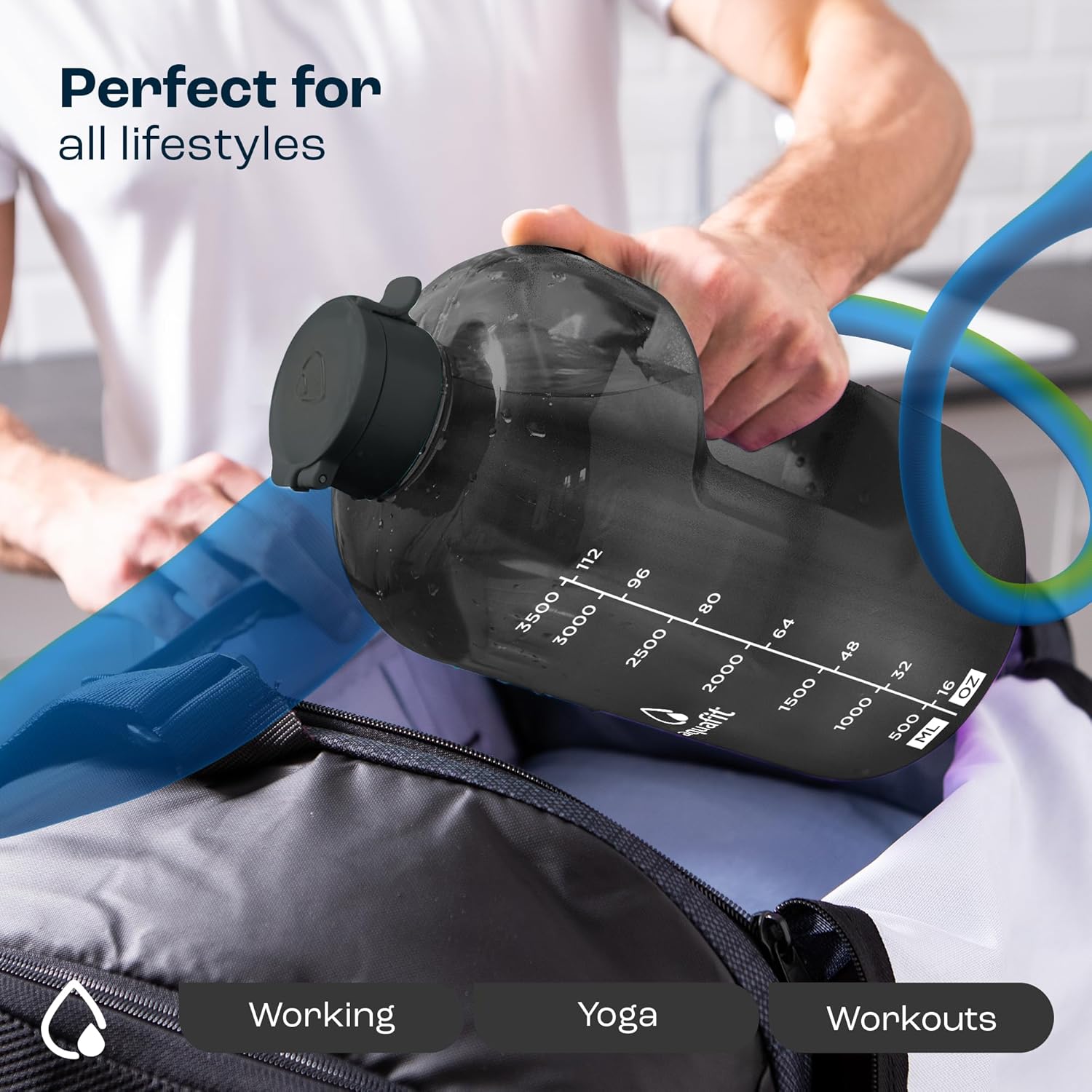 AQUAFIT Botella de agua de medio galón con popote, botella de agua de medio galón con marcador de tiempo y asa, jarra de agua de galón sin BPA,
