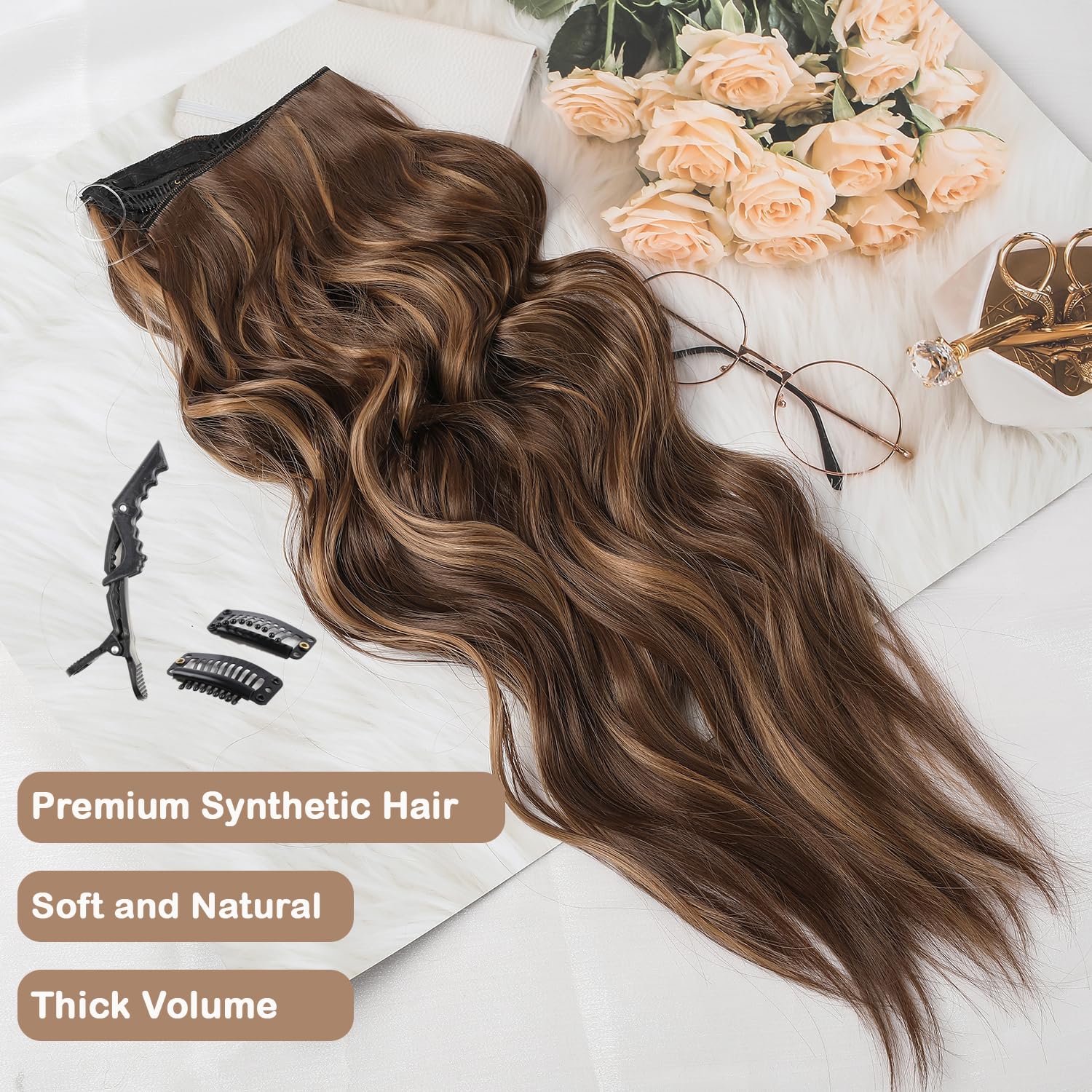 Extensiones de cabello tipo halo de 20 pulgadas, con alambre invisible, largo, ondulado, extensiones de cabello castaño para mujer, tamaño