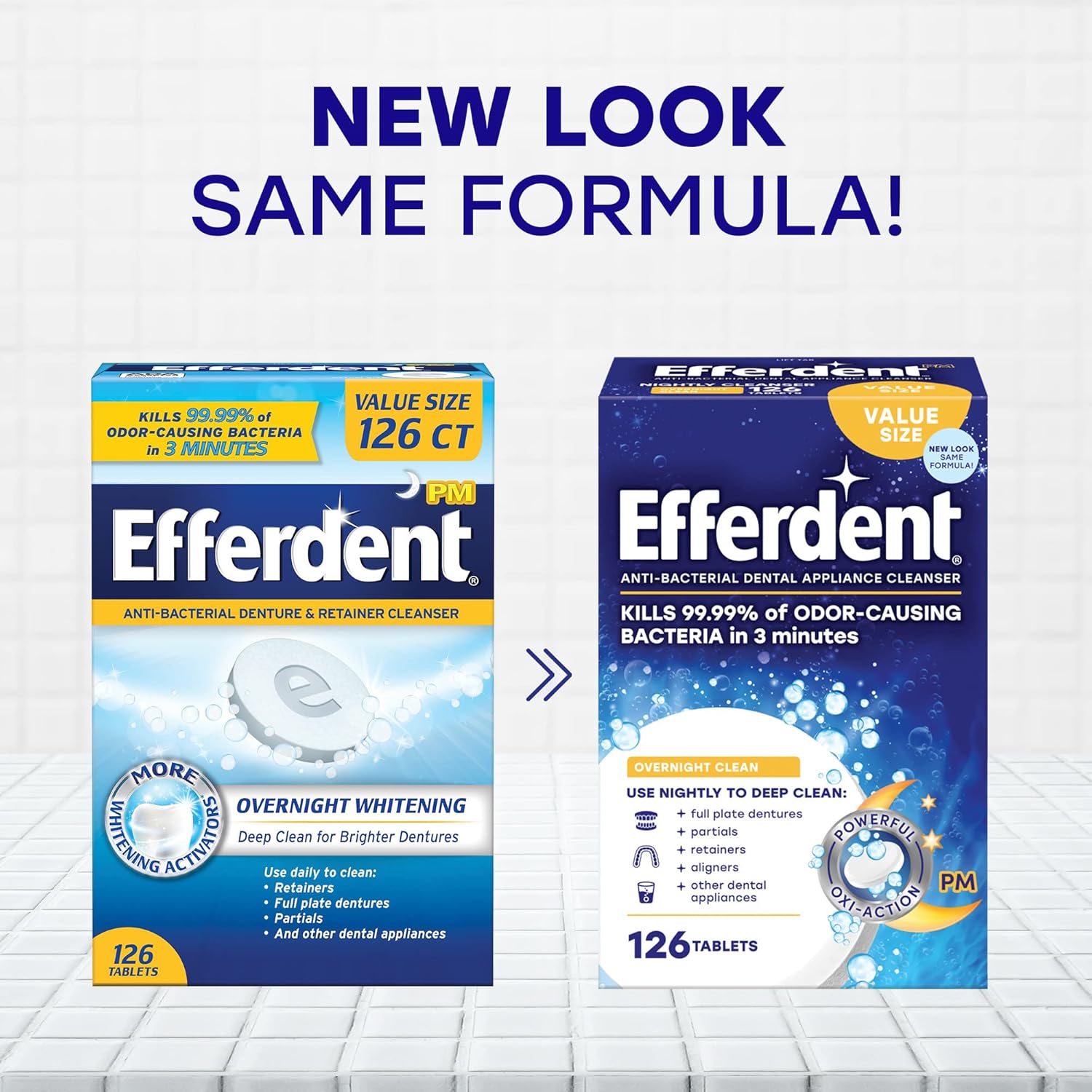 Efferdent Tabletas de limpieza retenedoras, pastillas limpiadoras de dentaduras para aparatos dentales, blanqueamiento nocturno, 126 tabletas azul