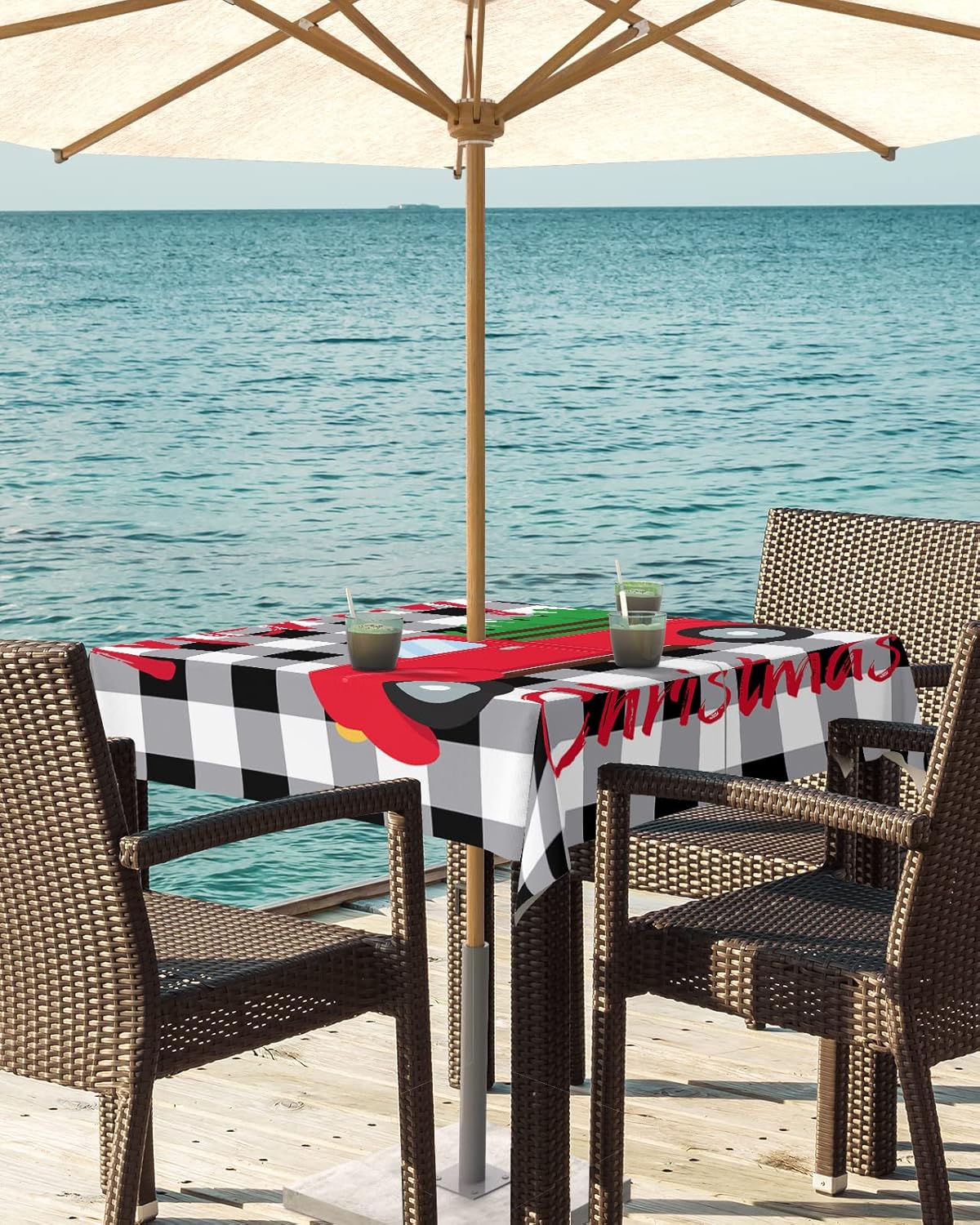 Outdoor Tablecloth with Umbrella Hole 54 x 54 Inch, Merry Christmas Farmhouse Red Xmas Truck Black White Buffalo Plaid Square Zippered Waterproof