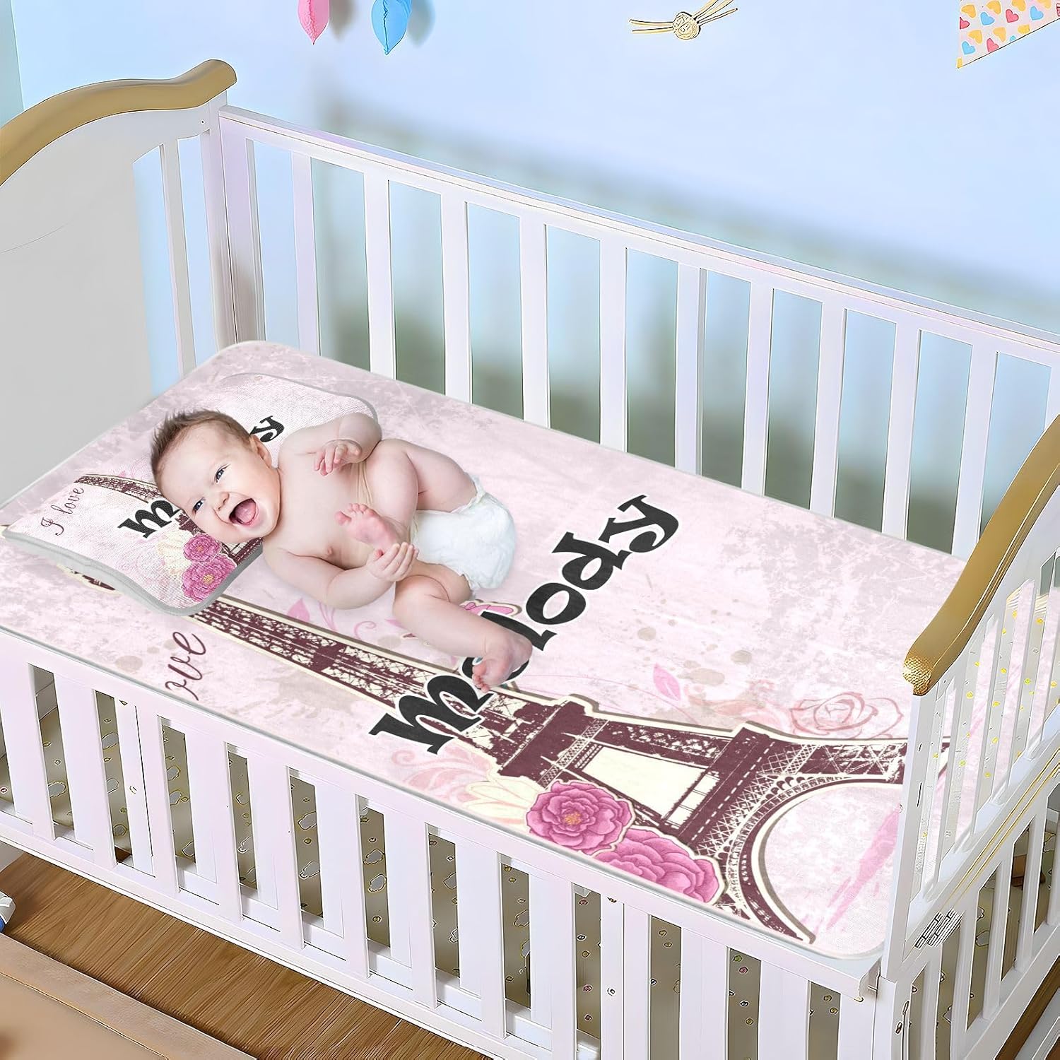 Custom Pink Roses Eiffel Tower Crib Mattress Protector Pad for Boys Girls Baby Ice Silk Mat Bed Playard Playpen Sheets Cooling Mattress Topper for