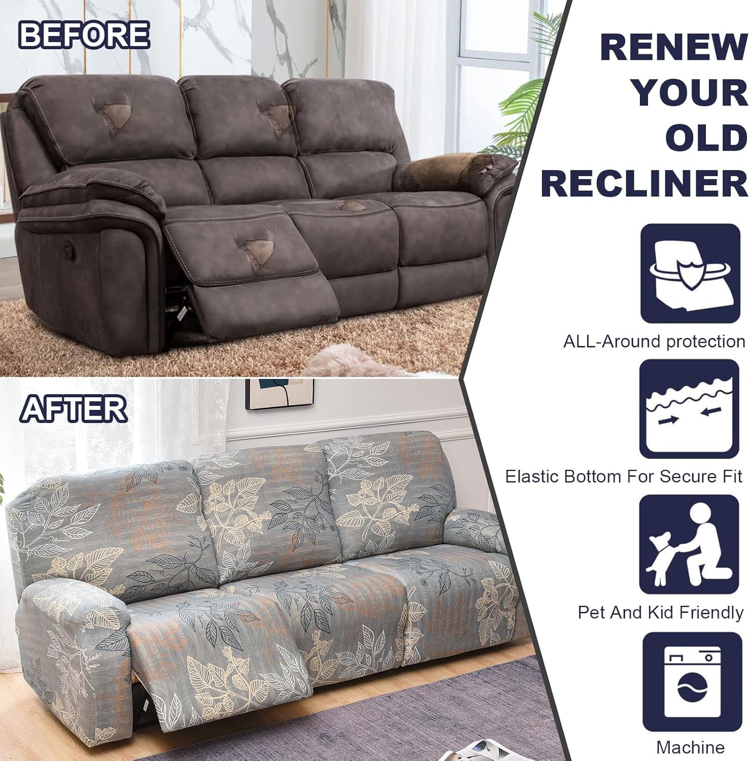 NILUOH Fundas para sofá reclinable, 8 piezas, fundas elásticas para sofá reclinable de 3 asientos, fundas para sofá, fundas de sofá con parte