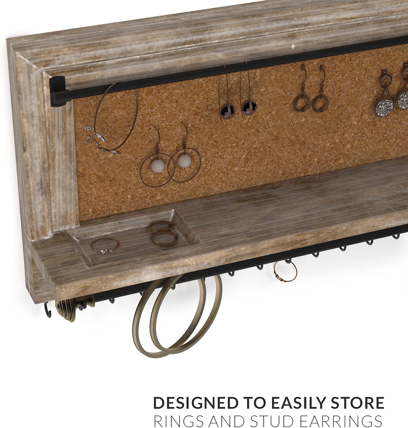 Barnyard Designs Organizador de joyas colgante para montar en la pared, aretes, collar y pulsera con estante para anillos, estante de almacenamiento