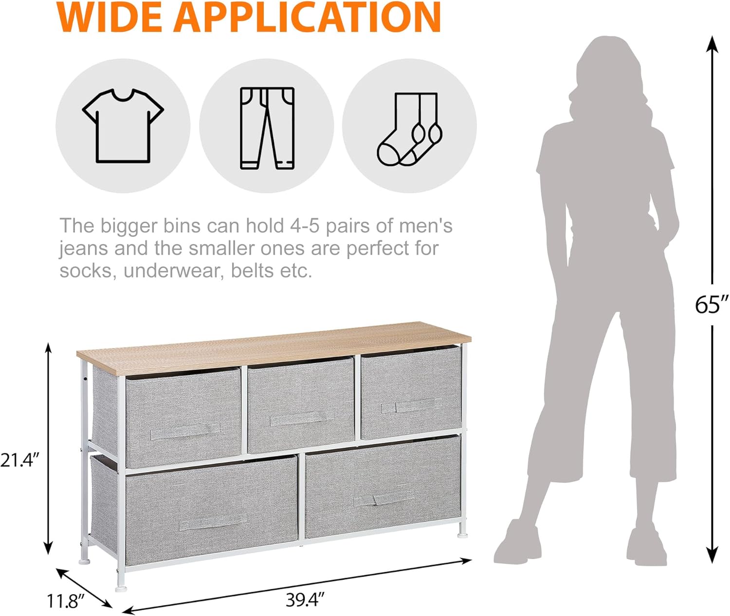 SUPER DEAL Cómoda de 5 cajones para dormitorio, cómoda de tela para armario, organizador de almacenamiento de ropa ancho con marco de acero