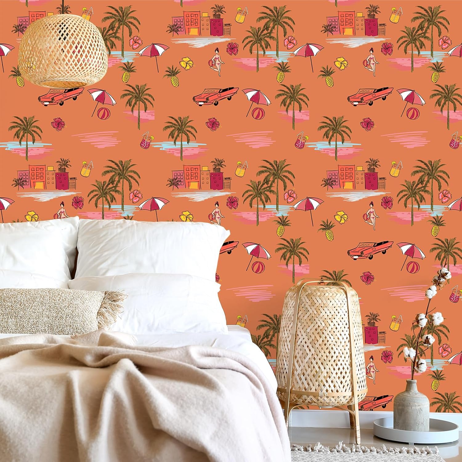VEELIKE Papel tapiz dibujado a mano, diseño de isla y playa, despegar y pegar, color naranja, paisaje, palmeras, papel tapiz autoadhesivo de 17.7 x