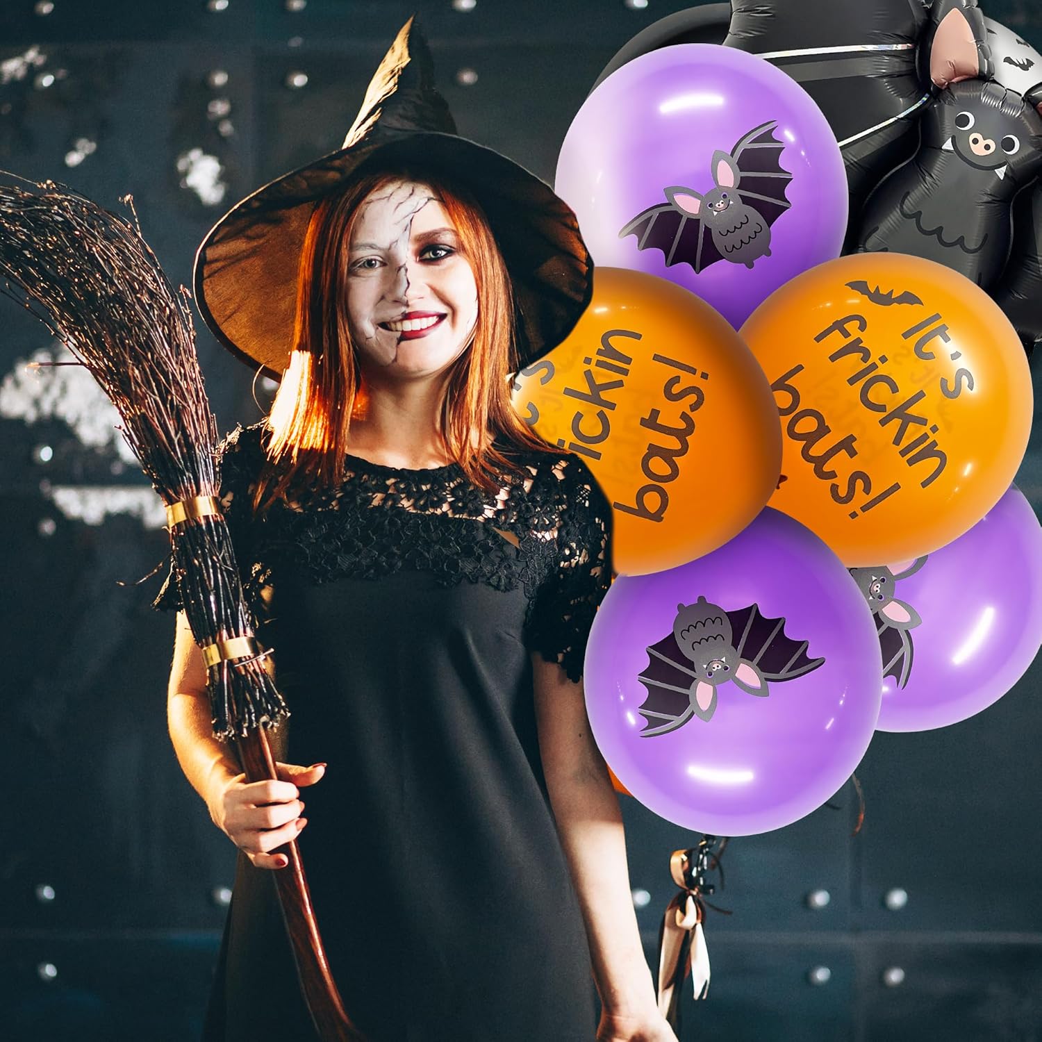 HOUSE OF PARTY Globo de aluminio de murciélago de 40 pulgadas de Halloween con 50 globos de látex de murciélago negro, naranja, morado, blanco para
