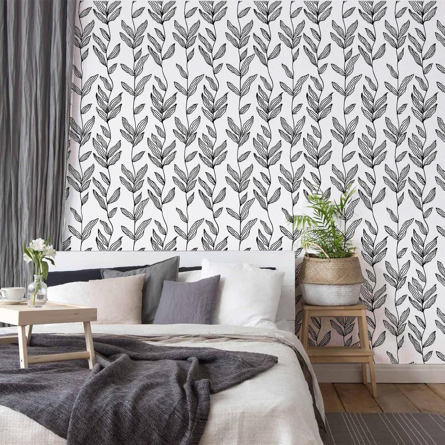 Papel tapiz autoadhesivo extraíble en blanco y negro, papel de contacto con hojas florales, moderno vinilo impermeable para cubrir paredes,
