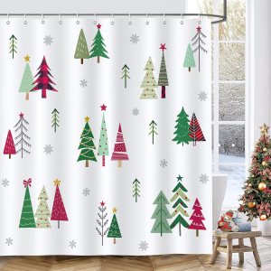Bonhause Cortina de ducha de árbol de Navidad, diseño de árbol de Navidad, diseño de copos de nieve, decoración de invierno, 72 x 72 pulgadas, tela Bonhause Cortina de ducha de árbol de Navidad, diseño de árbol de Navidad, diseño de copos de nieve, decoración de invierno, 72 x 72 pulgadas, tela