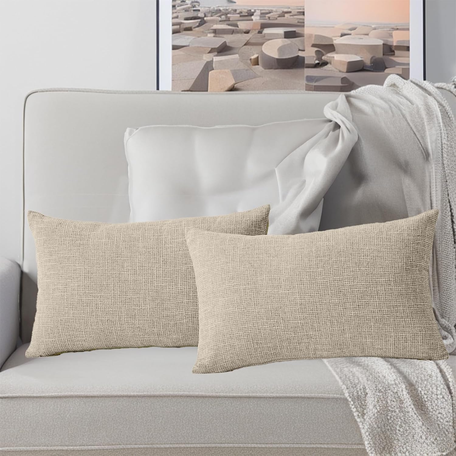 FULDGAENR Juego de 2 fundas de almohada de lino flameado de 12 x 20 pulgadas para sofá y sillón, textura rústica beige, fundas de almohada